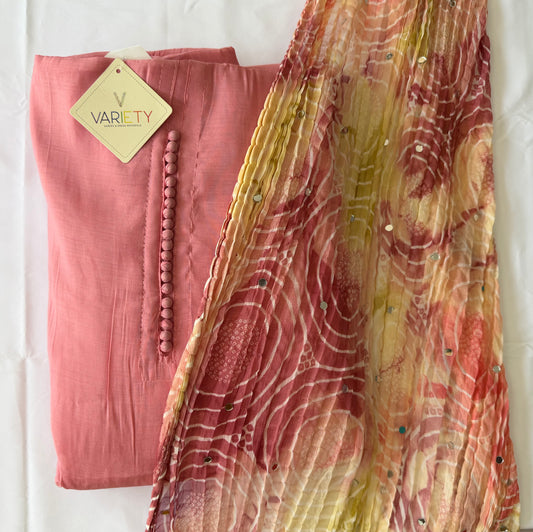 3-Piece Cotton Silk Blended Churidar Material Set with Printed Crinkle Dupatta