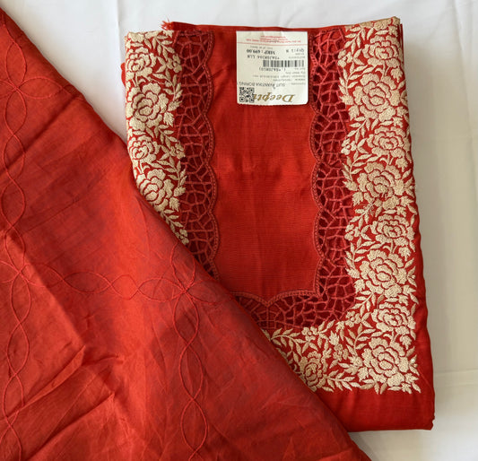3-Piece Roman Silk Churidar Material Set with Embroidered Neck Design