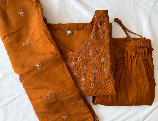 Mul Chanderi A-Line Embroidered 3-Piece Churidar Set