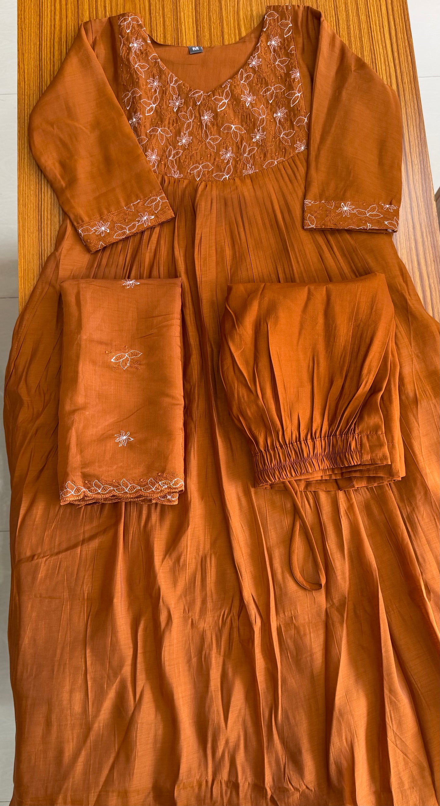 Mul Chanderi A-Line Embroidered 3-Piece Churidar Set