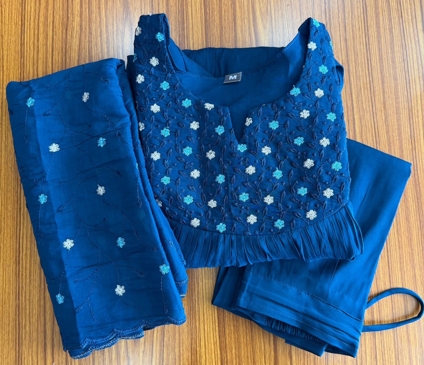 Mul Chanderi A-Line Embroidered 3-Piece Churidar Set