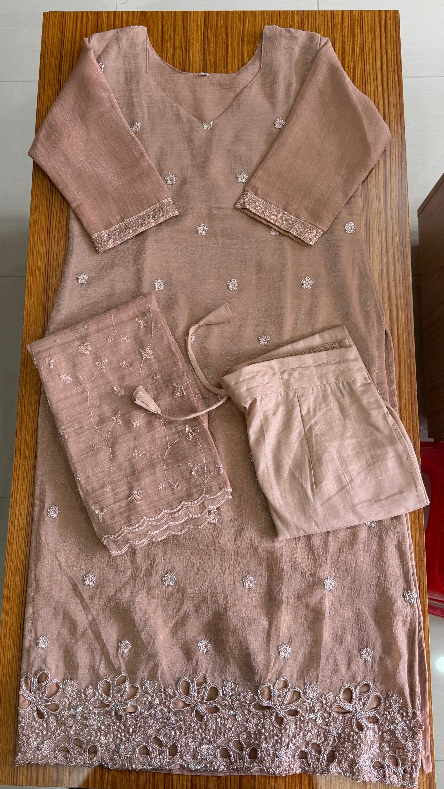 3-Piece Crushed Chiffon Embroidered Churidar Set – Beige