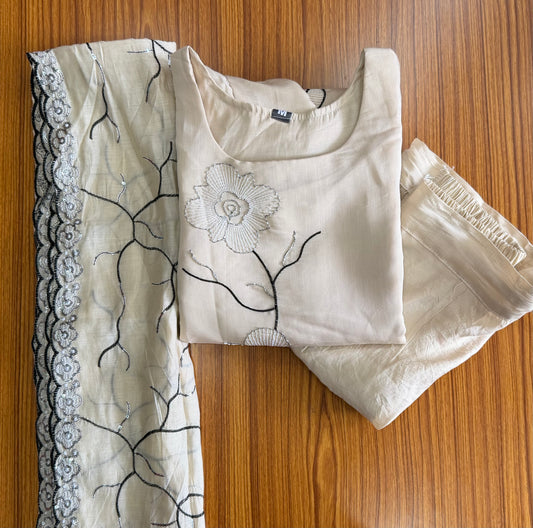 3-Piece Organza Embroidered Churidar Set – Ivory White
