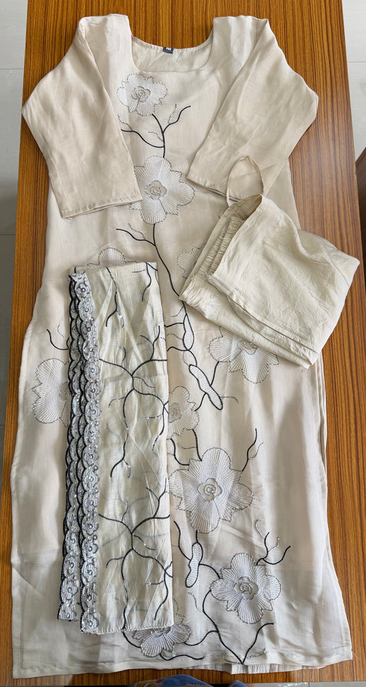 3-Piece Organza Embroidered Churidar Set – Ivory White