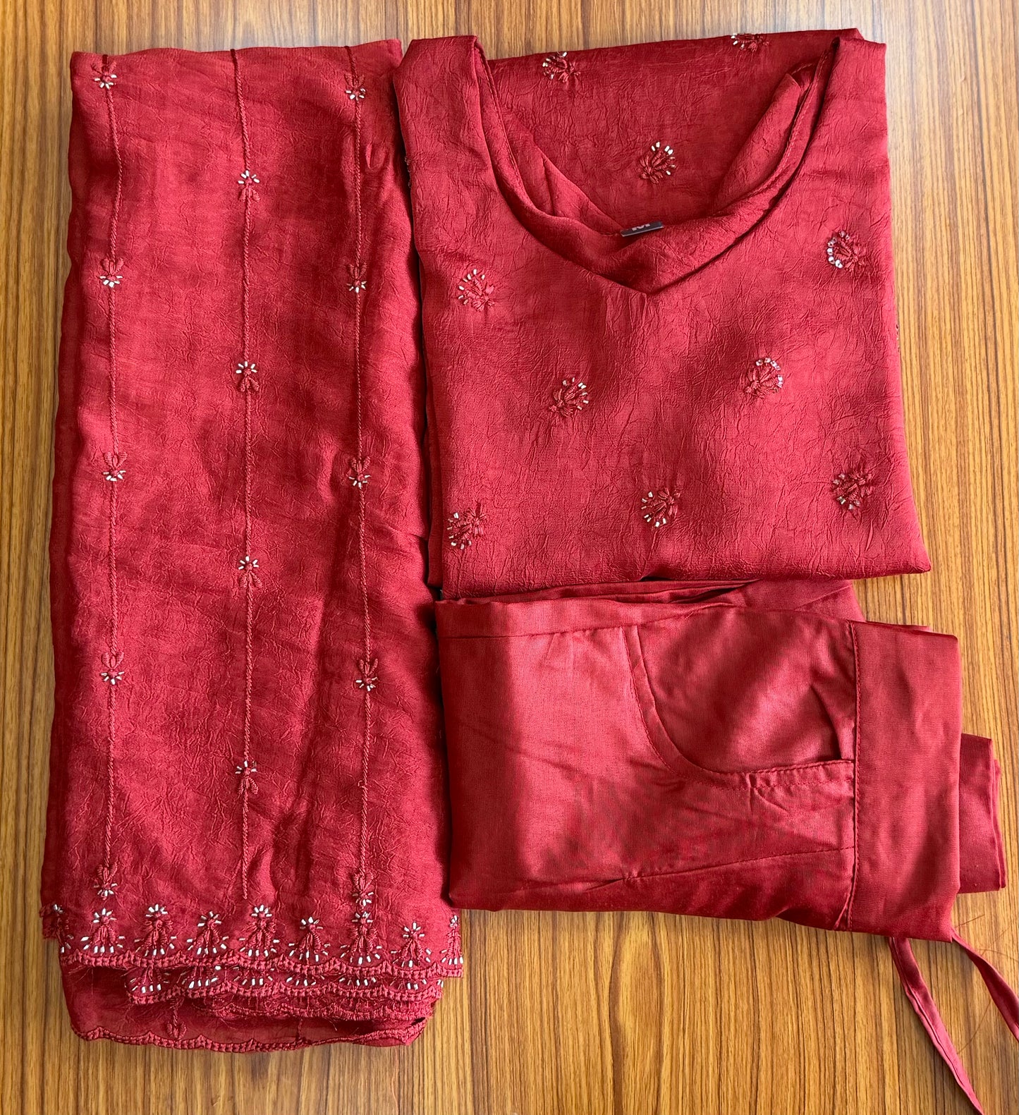3-Piece Crushed Chiffon Embroidered Churidar Set – Maroon