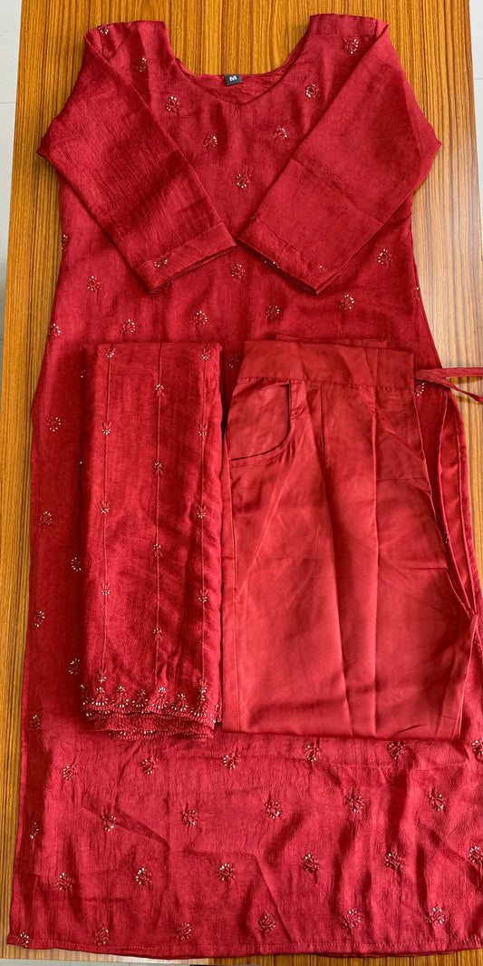 3-Piece Crushed Chiffon Embroidered Churidar Set – Maroon