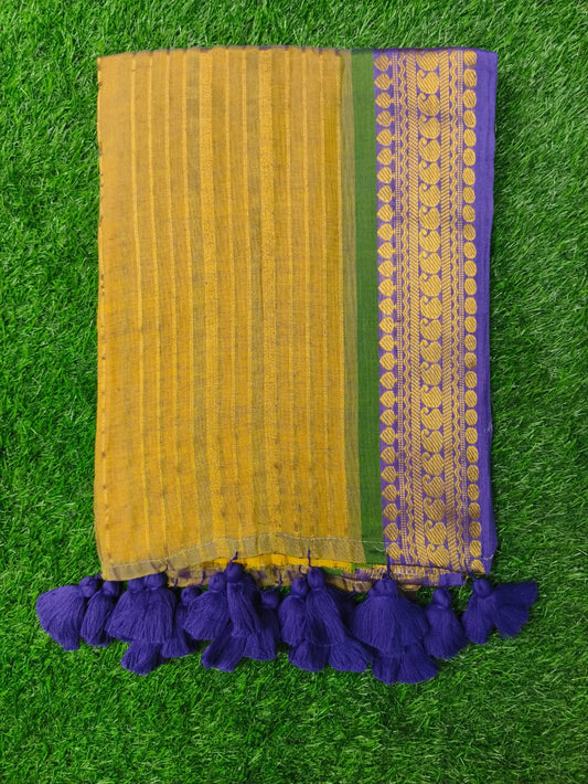 Mul Cotton Saree with Blouse – Mustard Gold & Purple Border
