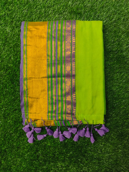 Mul Cotton Saree with Blouse – Parrot Green & Purple Border