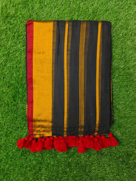 Mul Cotton Saree with Blouse – Black & Mustard with Red Border