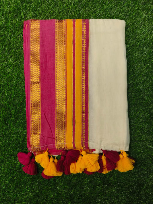 Mul Cotton Saree with Blouse – Off White with Magenta & Mustard Border