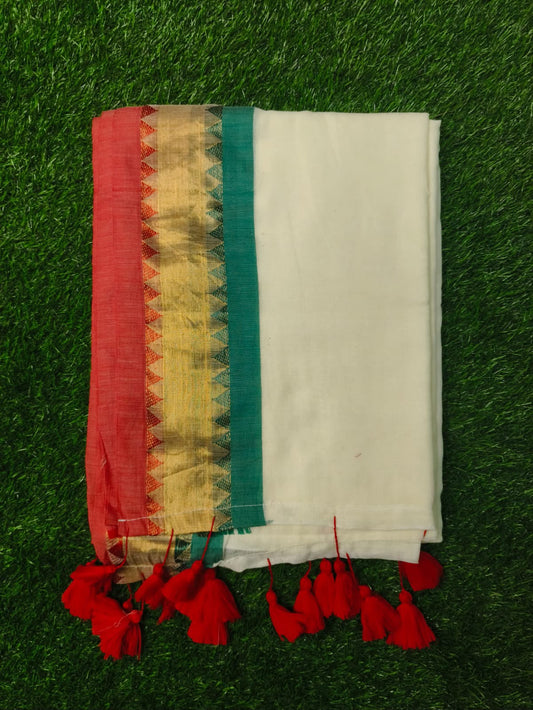Mul Cotton Saree with Blouse – Off White with Coral Pink & Teal Border
