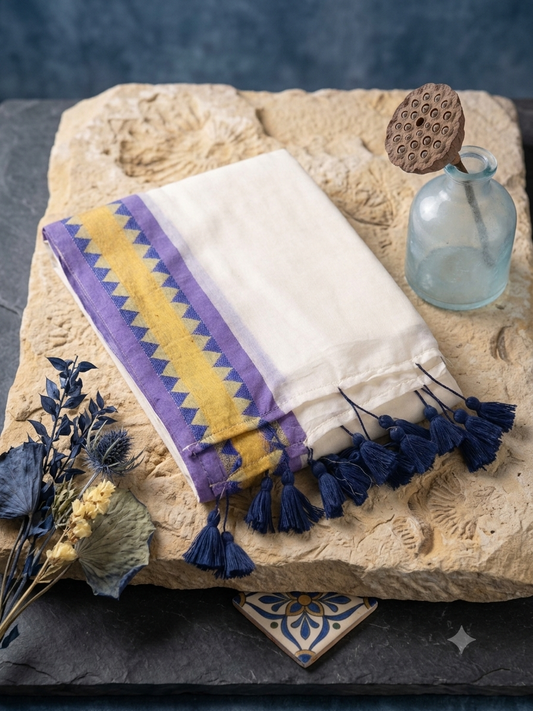 Mul Cotton Saree with Purple & Gold Border