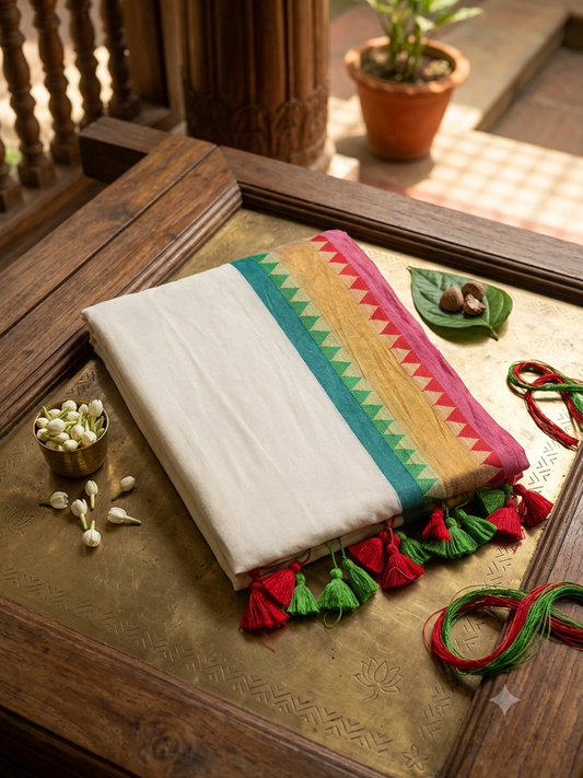 Mul Cotton Saree with Multicolour Border & Tassels