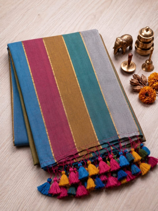 Khadi Jari Linen Blend Saree – Multicolour Stripes