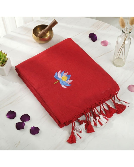 Lotus Embroidered Khadi Saree with Tassels