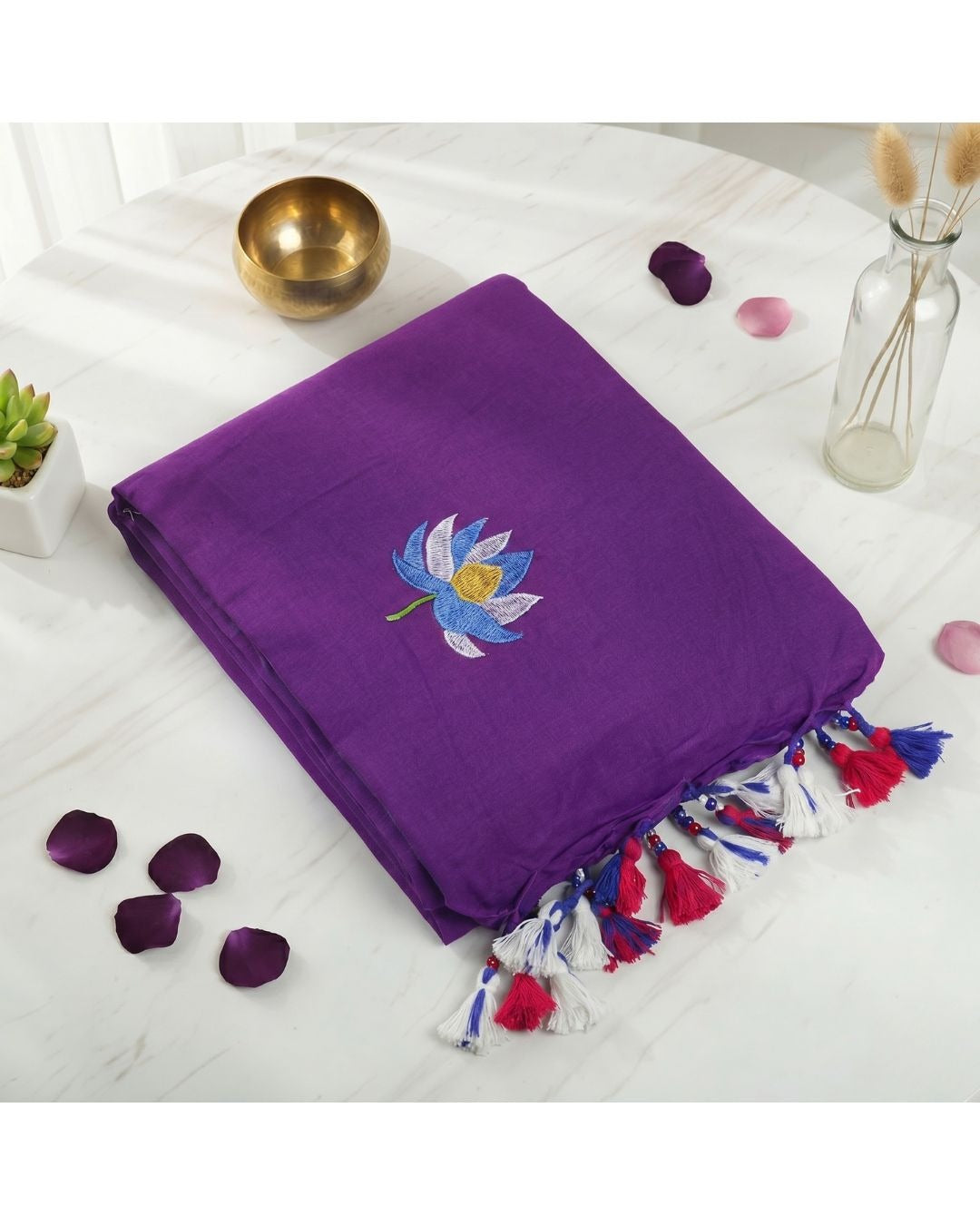 Lotus Embroidered Khadi Saree with Tassels