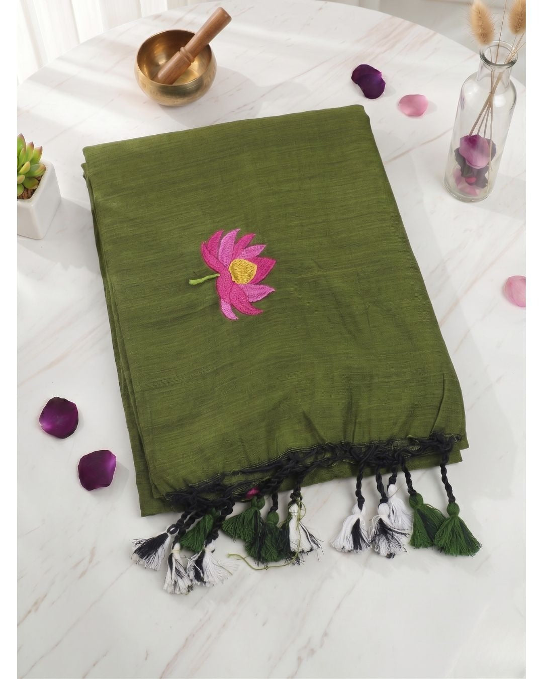 Lotus Embroidered Khadi Saree with Tassels