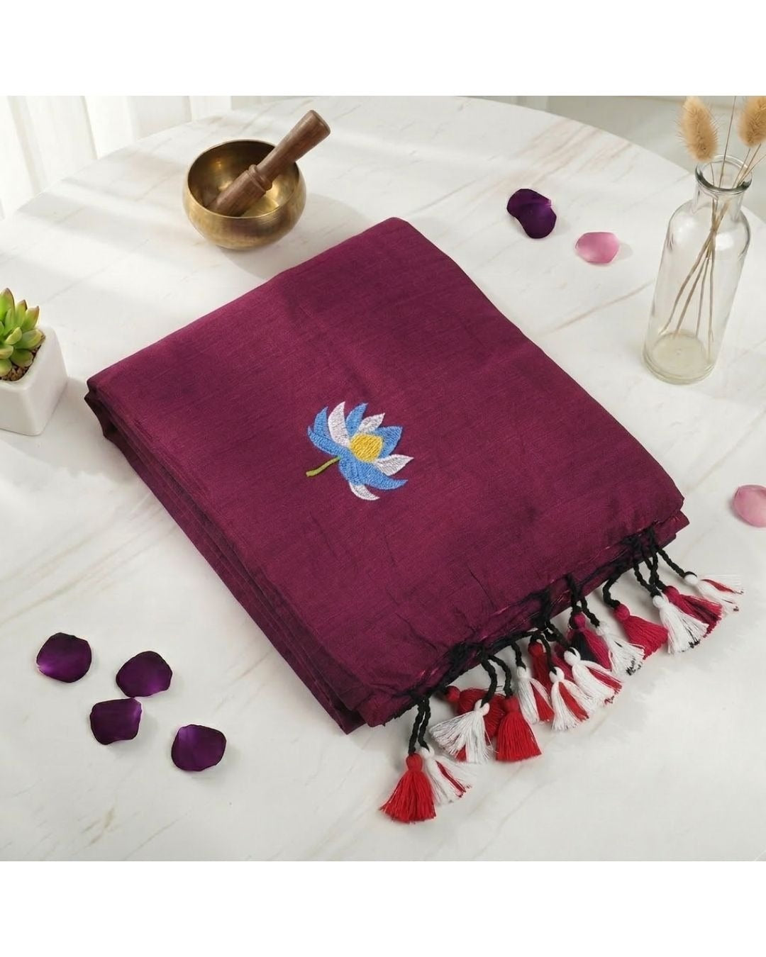 Lotus Embroidered Khadi Saree with Tassels