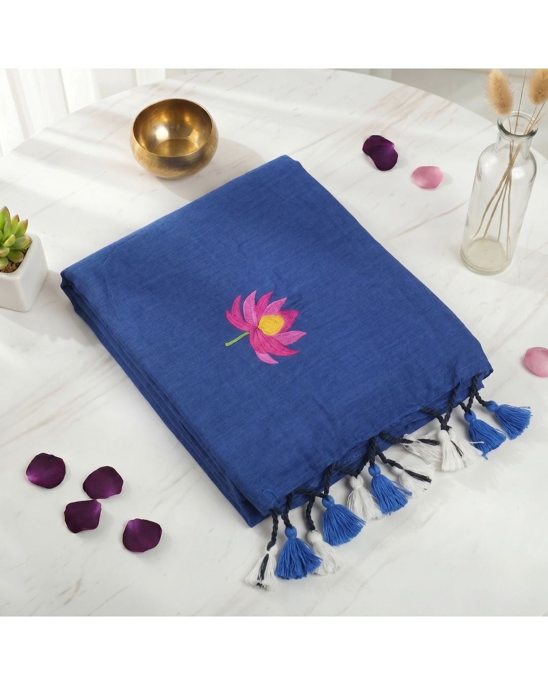 Lotus Embroidered Khadi Saree with Tassels