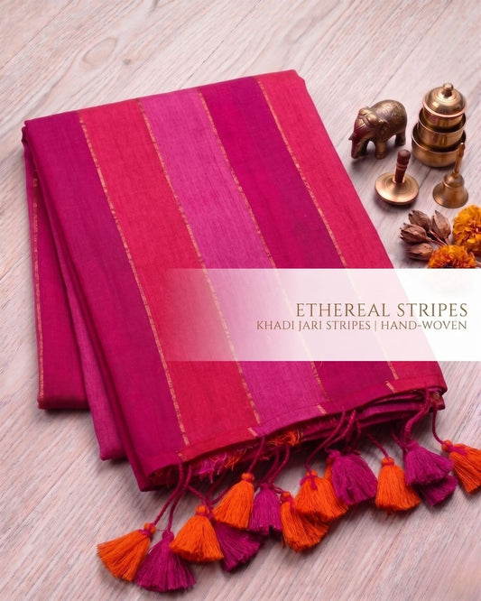Khadi Jari Linen Blend Saree – Multicolour Stripes