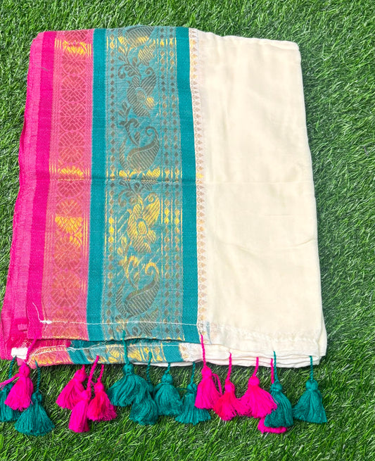 Mul Cotton Saree with Pink & Teal Jacquard Border