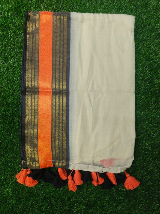 Mul Cotton Saree with Black & Orange Border