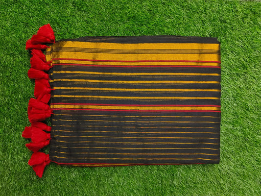 Mul Cotton Saree with Tassels – Black & Gold Striped | Soft Cotton Saree