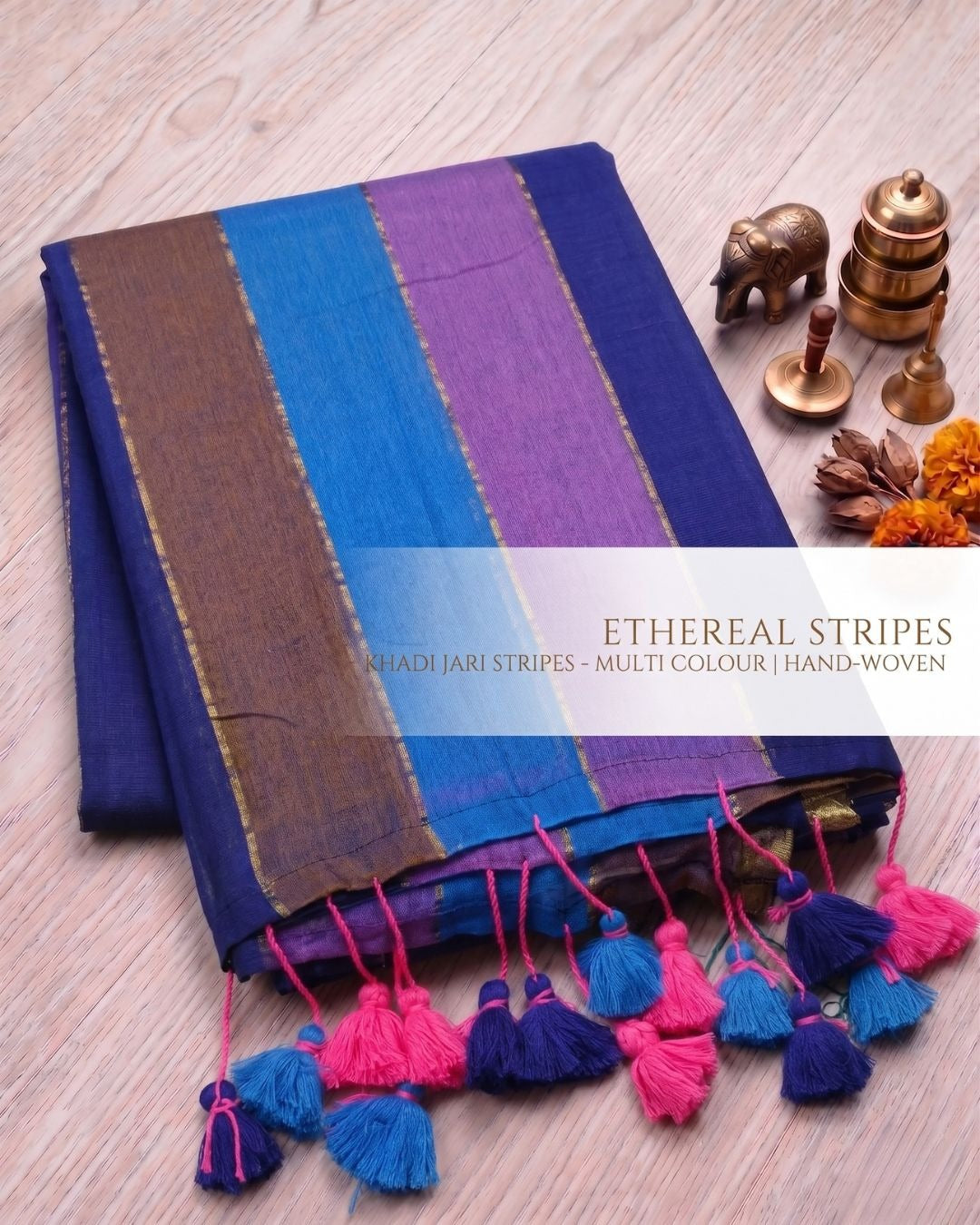 Khadi Jari Linen Blend Saree – Multicolour Stripes