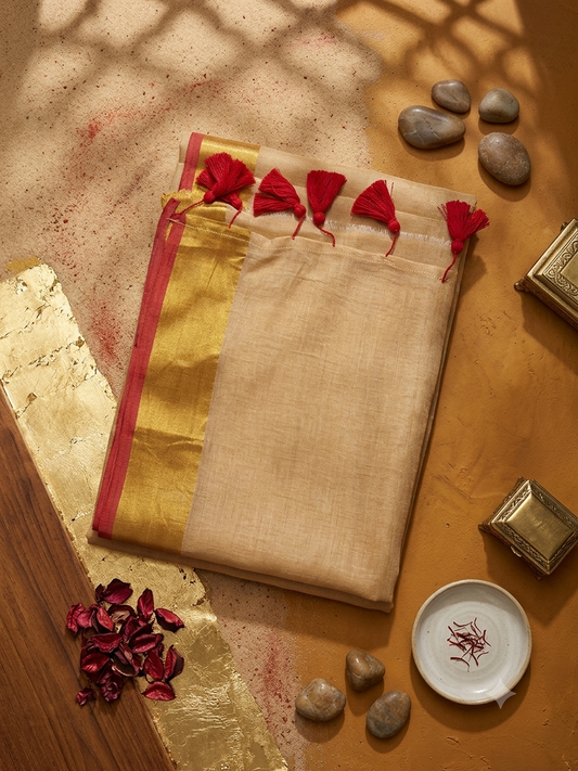 Mul Cotton Saree with Golden Zari Border & Red Tassels