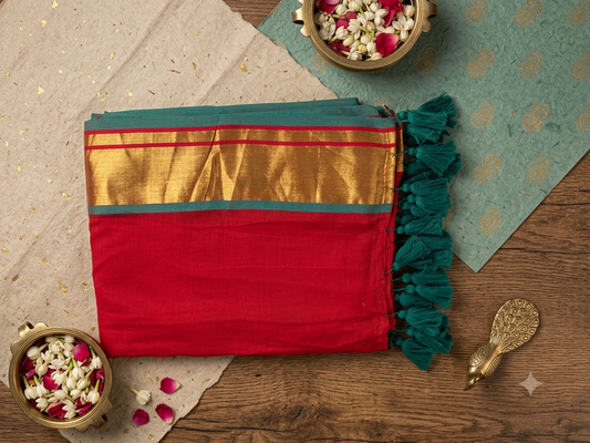 Mul Cotton Saree with Rich Golden Zari Border & Tassels