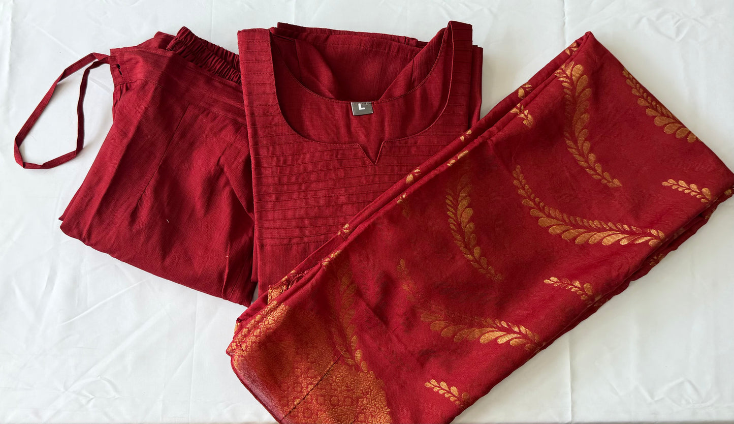 Red Silk Slub Cotton 3-Piece Salwar Set with Designer Dupatta | Women's Ethnic Wear