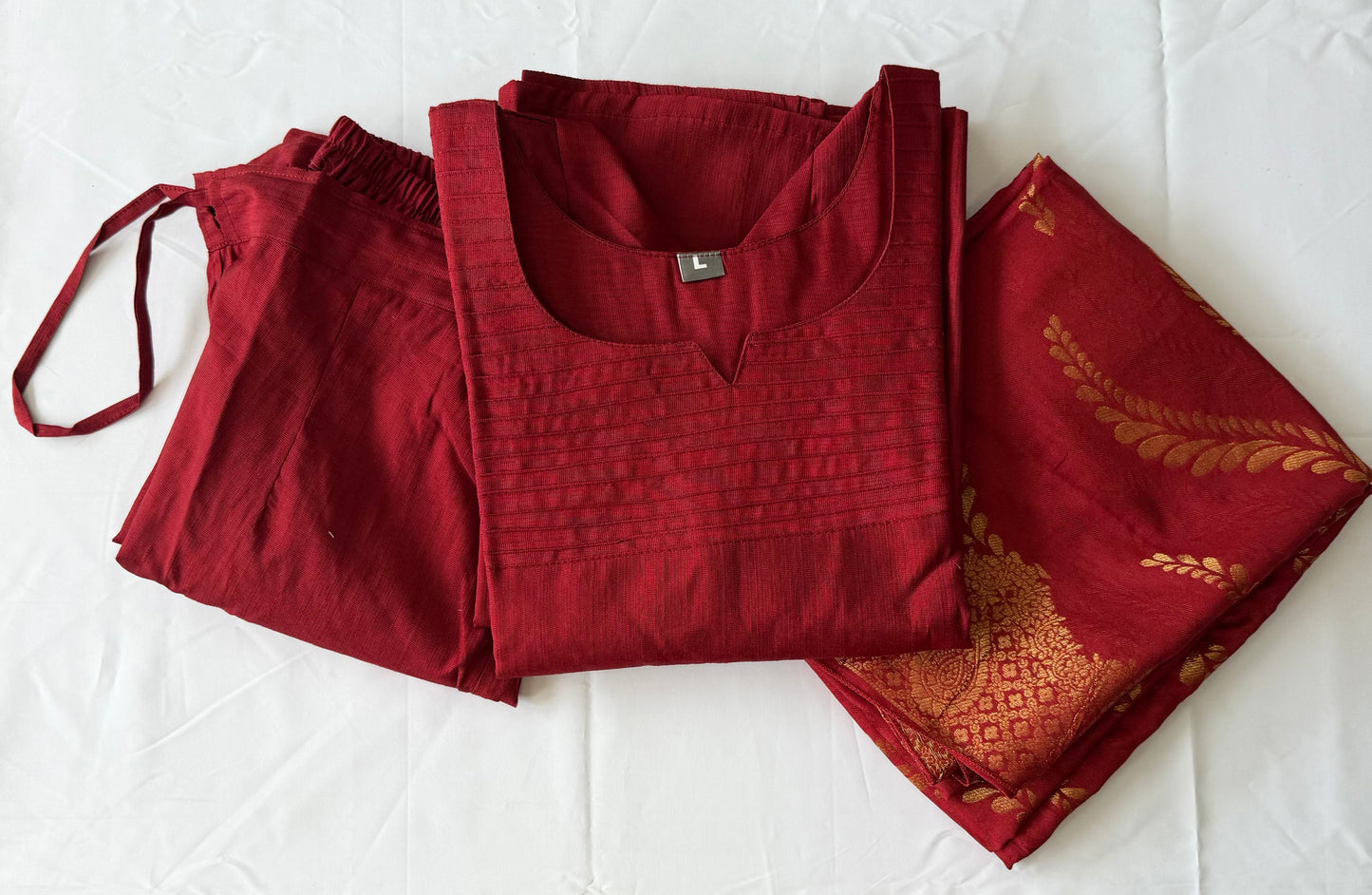 Red Silk Slub Cotton 3-Piece Salwar Set with Designer Dupatta | Women's Ethnic Wear