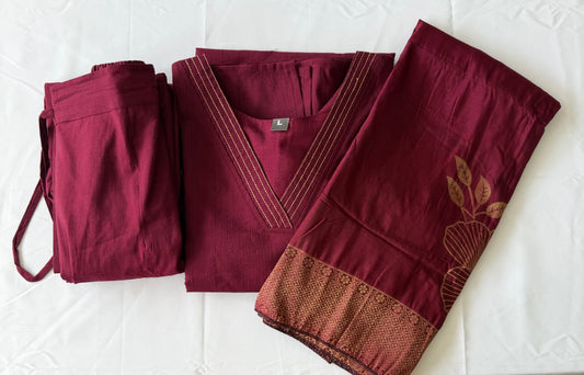 Silk Slub Cotton 3-Piece Churidar Set – Maroon | Women's Ethnic Wear