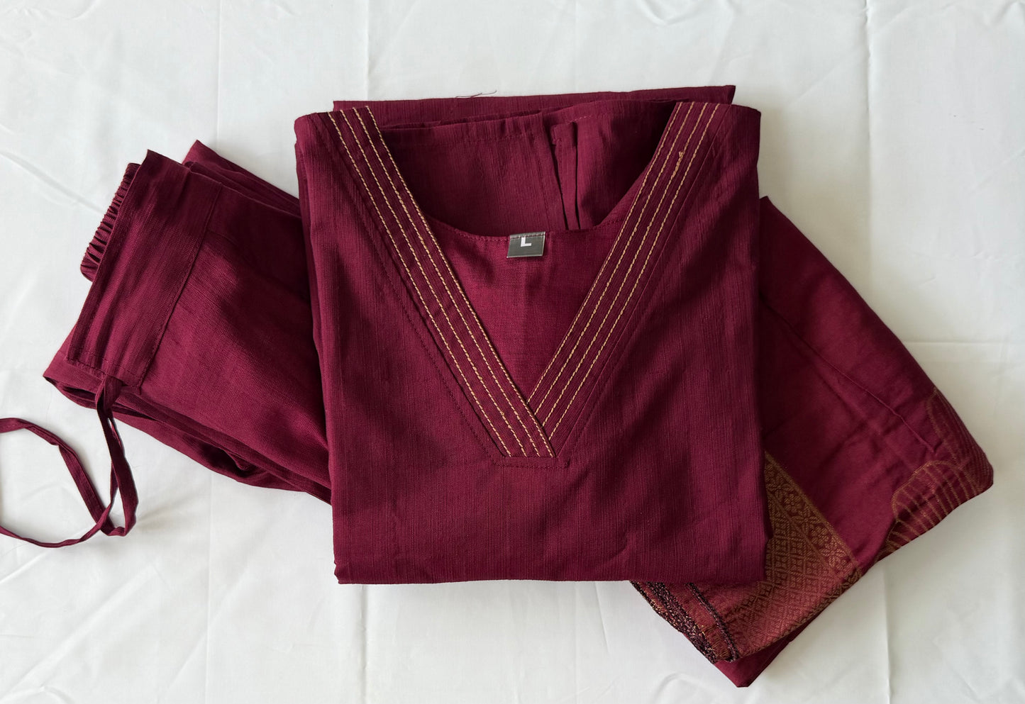 Silk Slub Cotton 3-Piece Churidar Set – Maroon | Women's Ethnic Wear