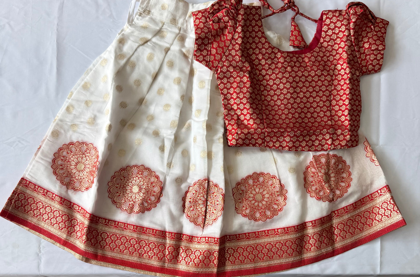 Traditional Kerala Kasavu Pattu Pavada Set for Girls | Cream & Red Festive Wear