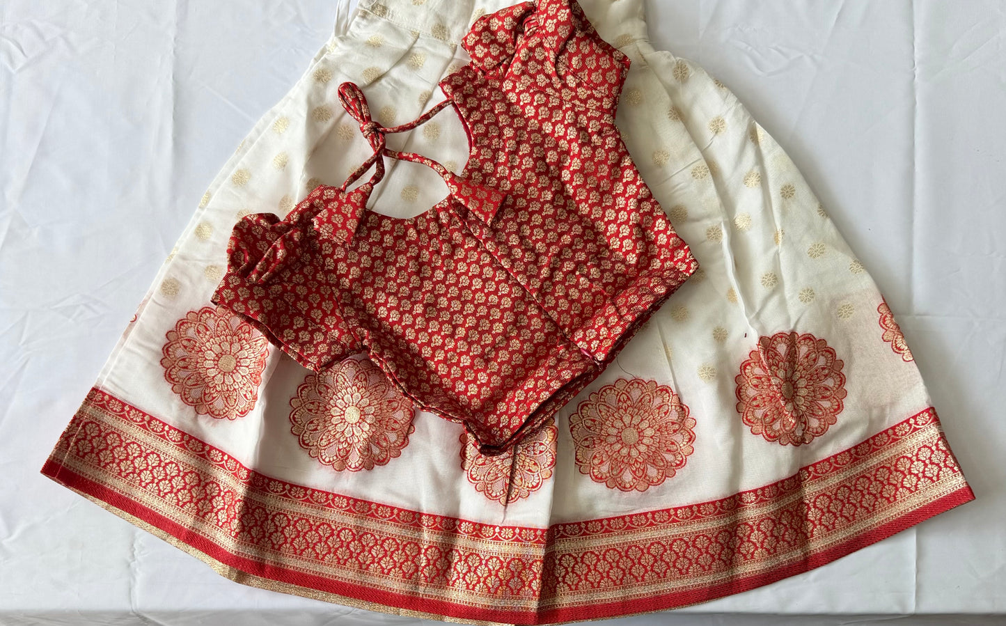 Traditional Kerala Kasavu Pattu Pavada Set for Girls | Cream & Red Festive Wear