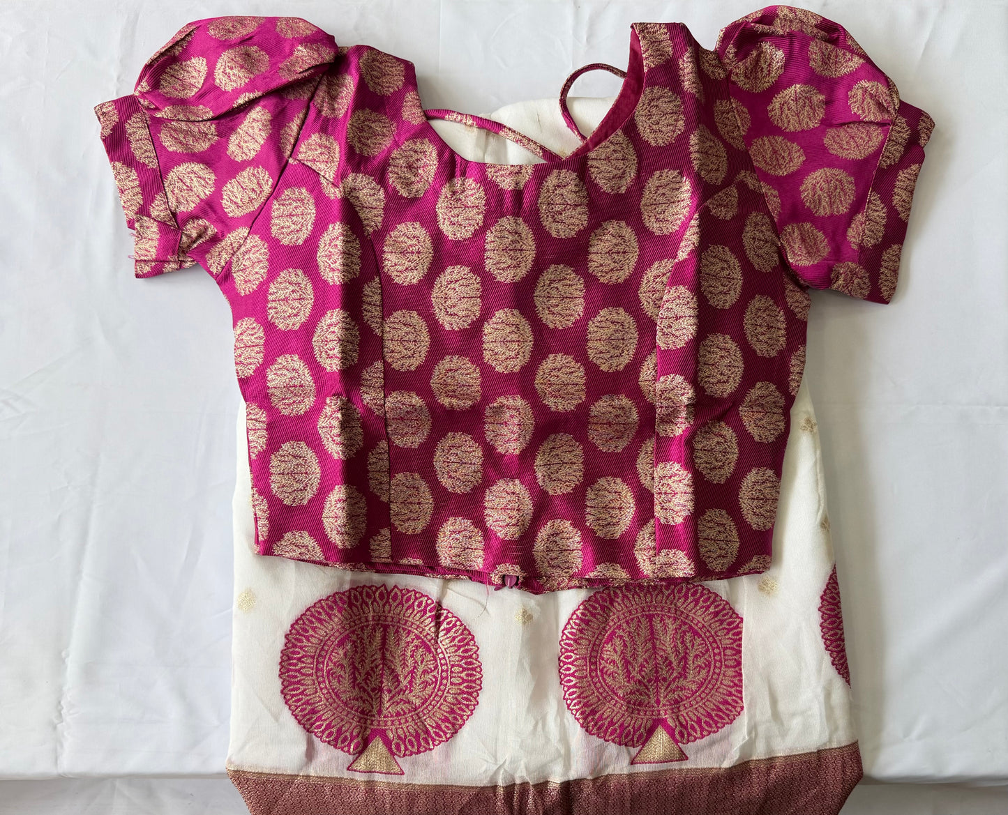 Traditional Kerala Kasavu Pattu Pavada Set for Girls | White & Magenta