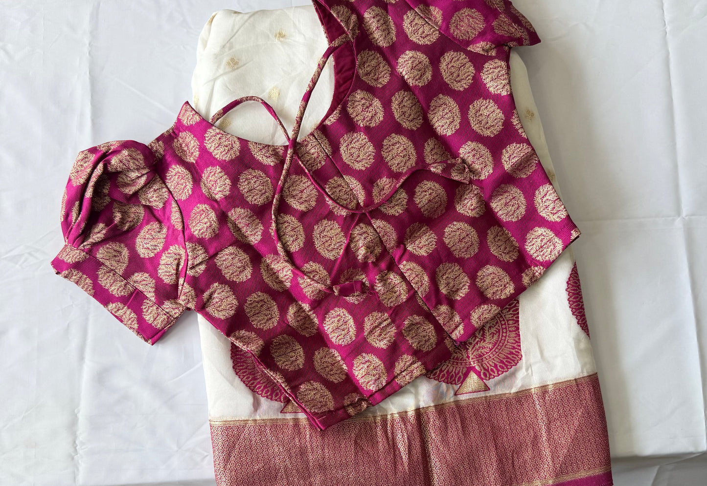 Traditional Kerala Kasavu Pattu Pavada Set for Girls | White & Magenta