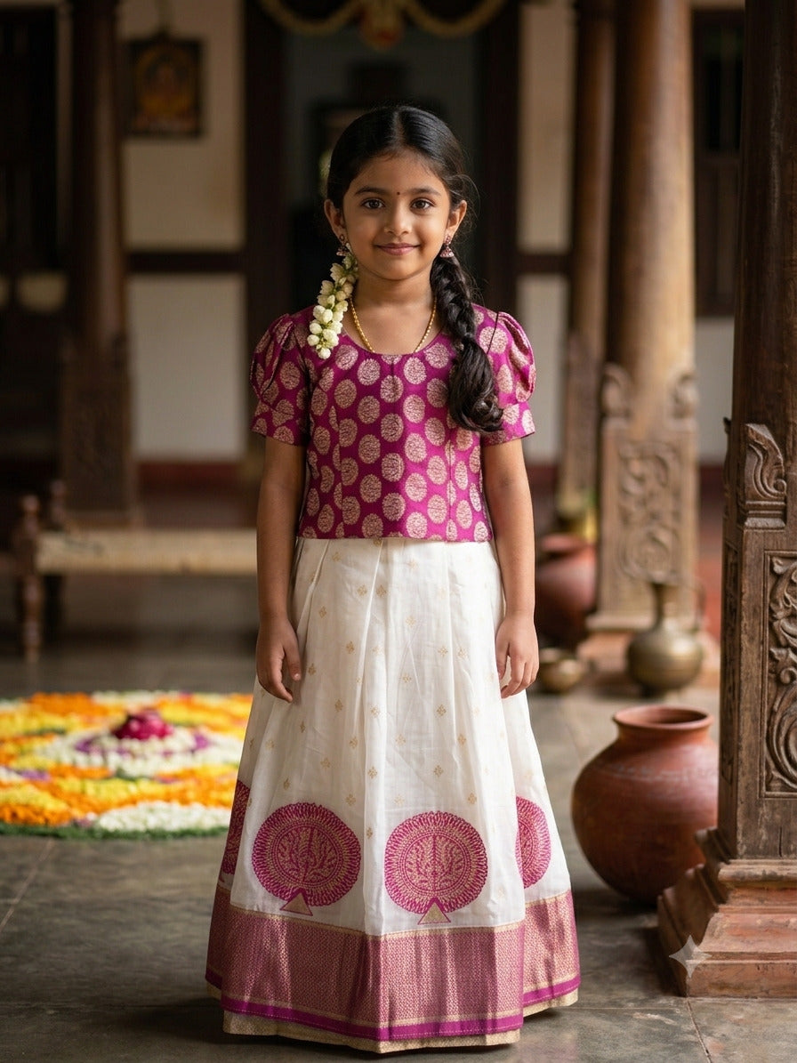 Traditional Kerala Kasavu Pattu Pavada Set for Girls | White & Magenta