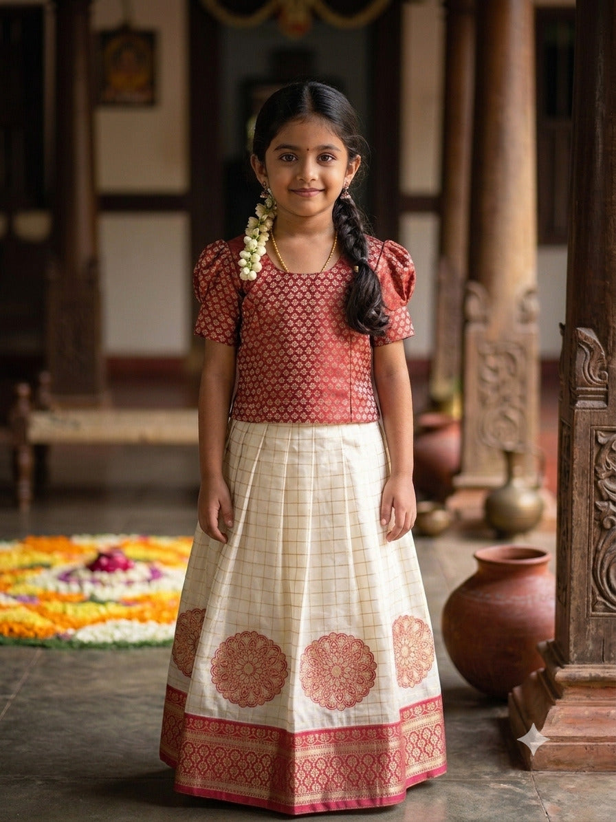 Traditional Kerala Kasavu Pattu Pavada Set for Girls | Cream & Red Festive Wear