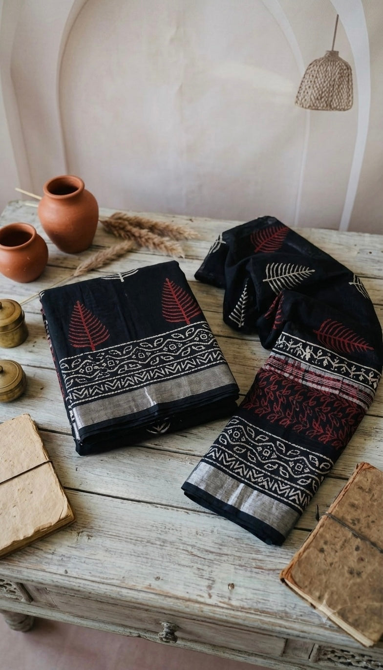 Premium Black Linen Saree with Silver Zari Border | Leaf Print | Running Blouse
