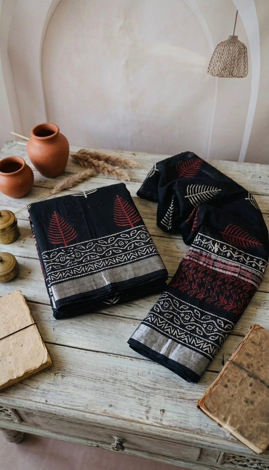 Premium Black Linen Saree with Silver Zari Border | Leaf Print | Running Blouse