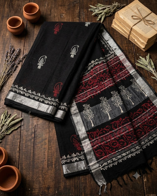 Premium Black Linen Saree with Silver sari Border | Tree Motif | Running Blouse