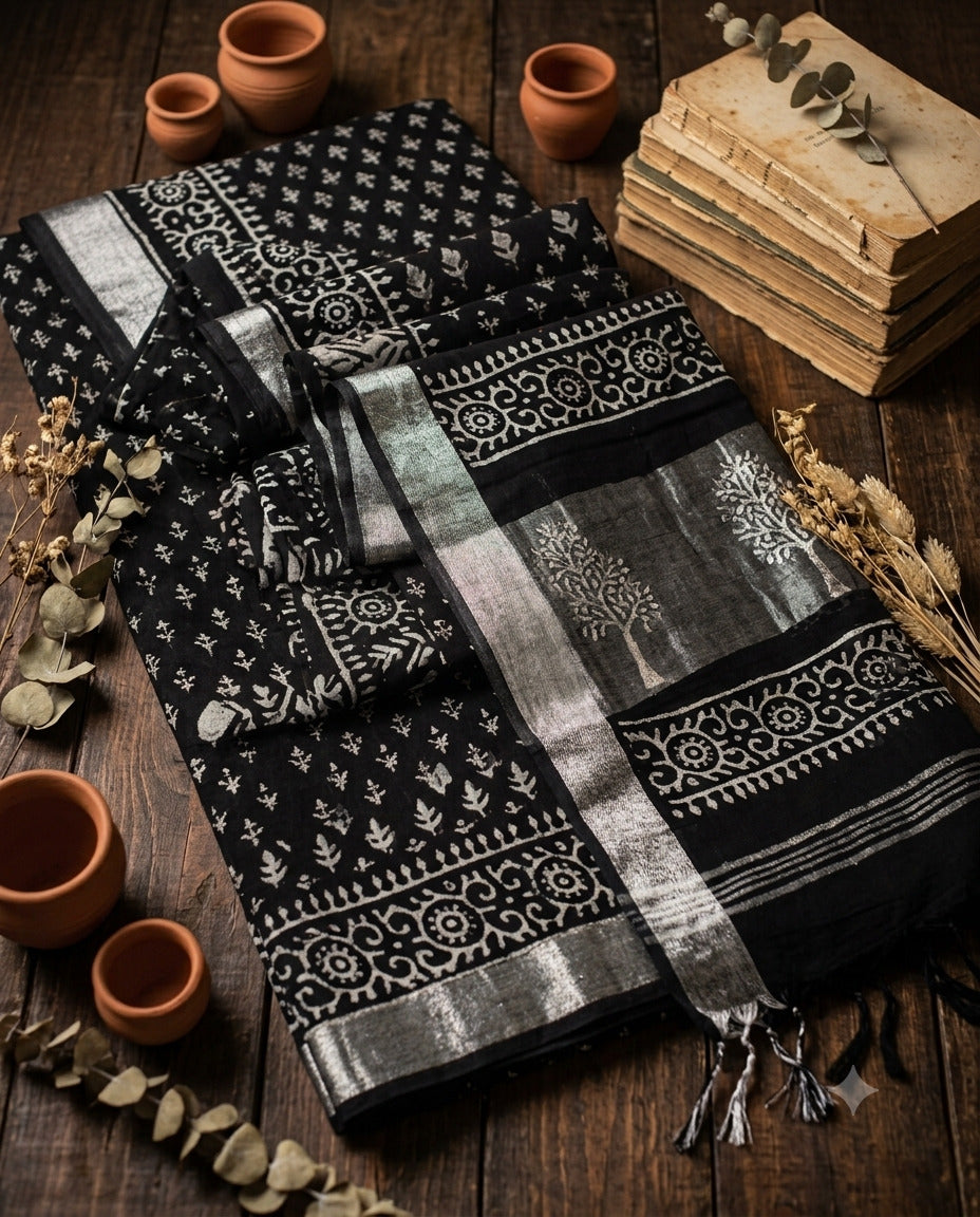 Premium Black Linen Saree with Silver Sari Border | Floral Buta Print | Running Blouse