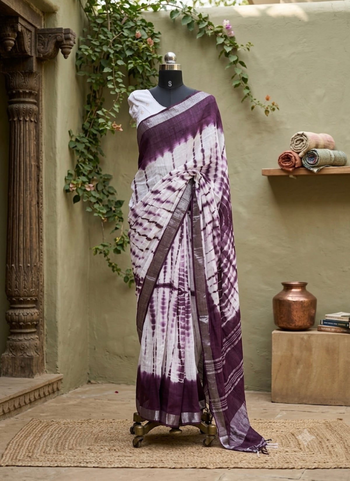 Plum & White Digital Printed Cotton Saree