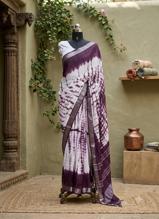 Plum & White Digital Printed Cotton Saree