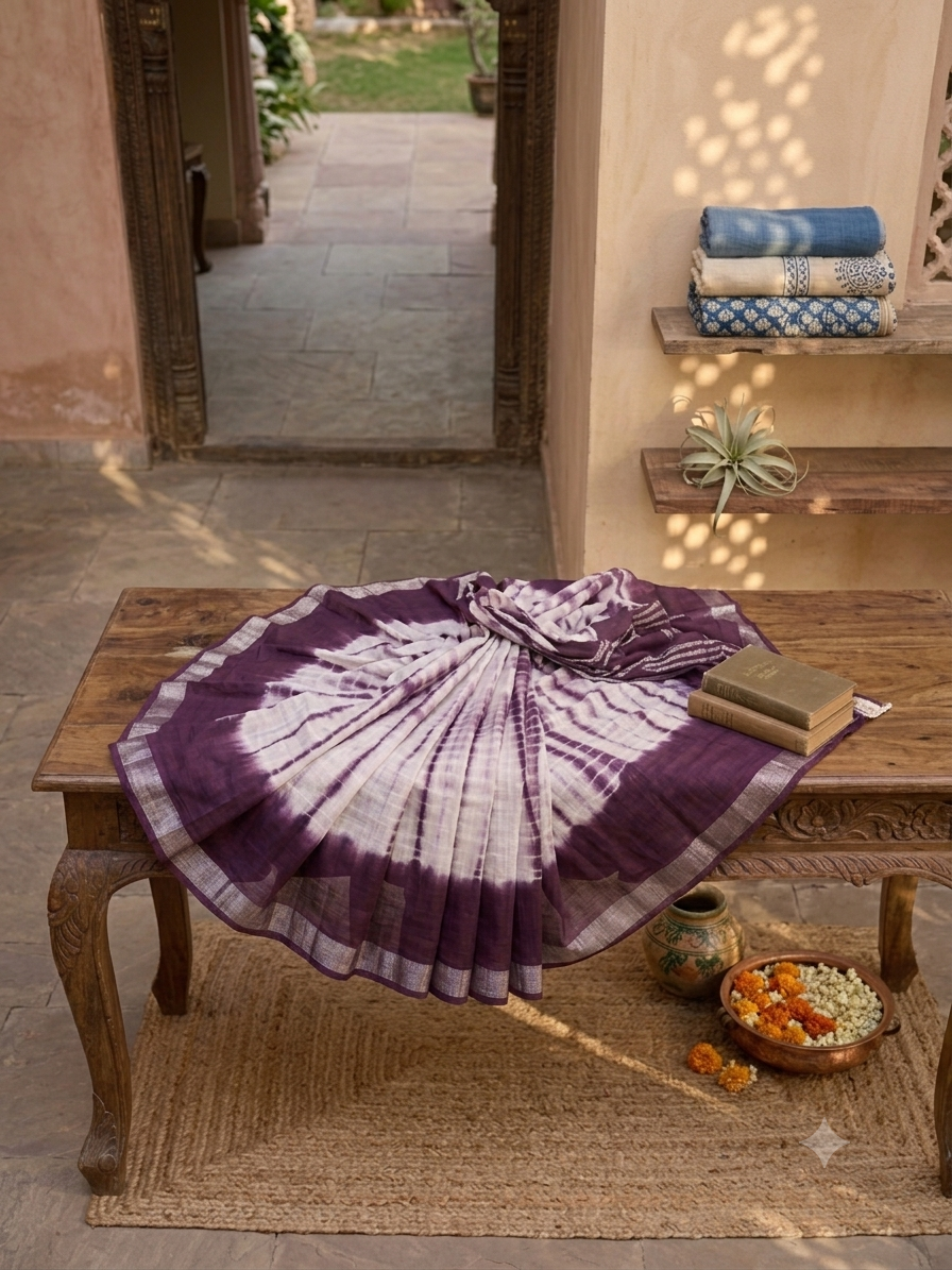 Plum & White Digital Printed Cotton Saree