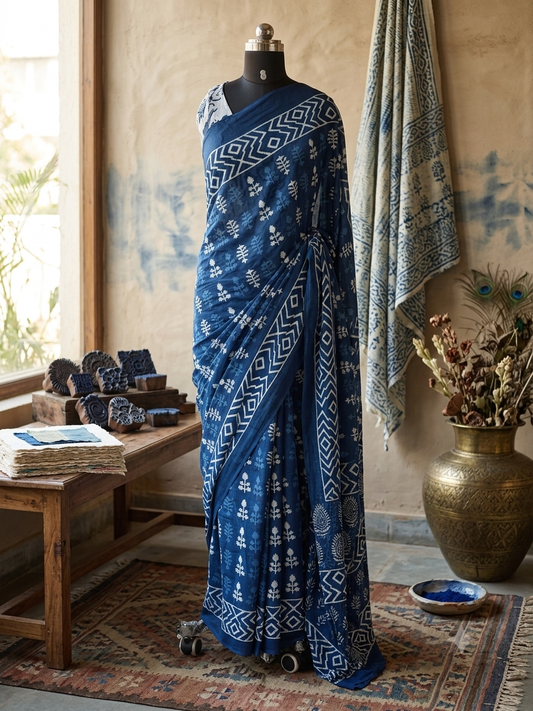 Indigo Blue Digital Printed Cotton Saree