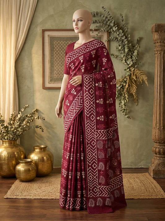 Maroon Digital Printed Cotton Saree