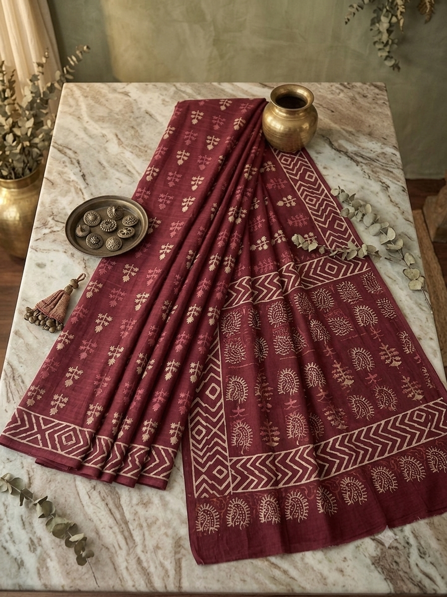 Maroon Digital Printed Cotton Saree